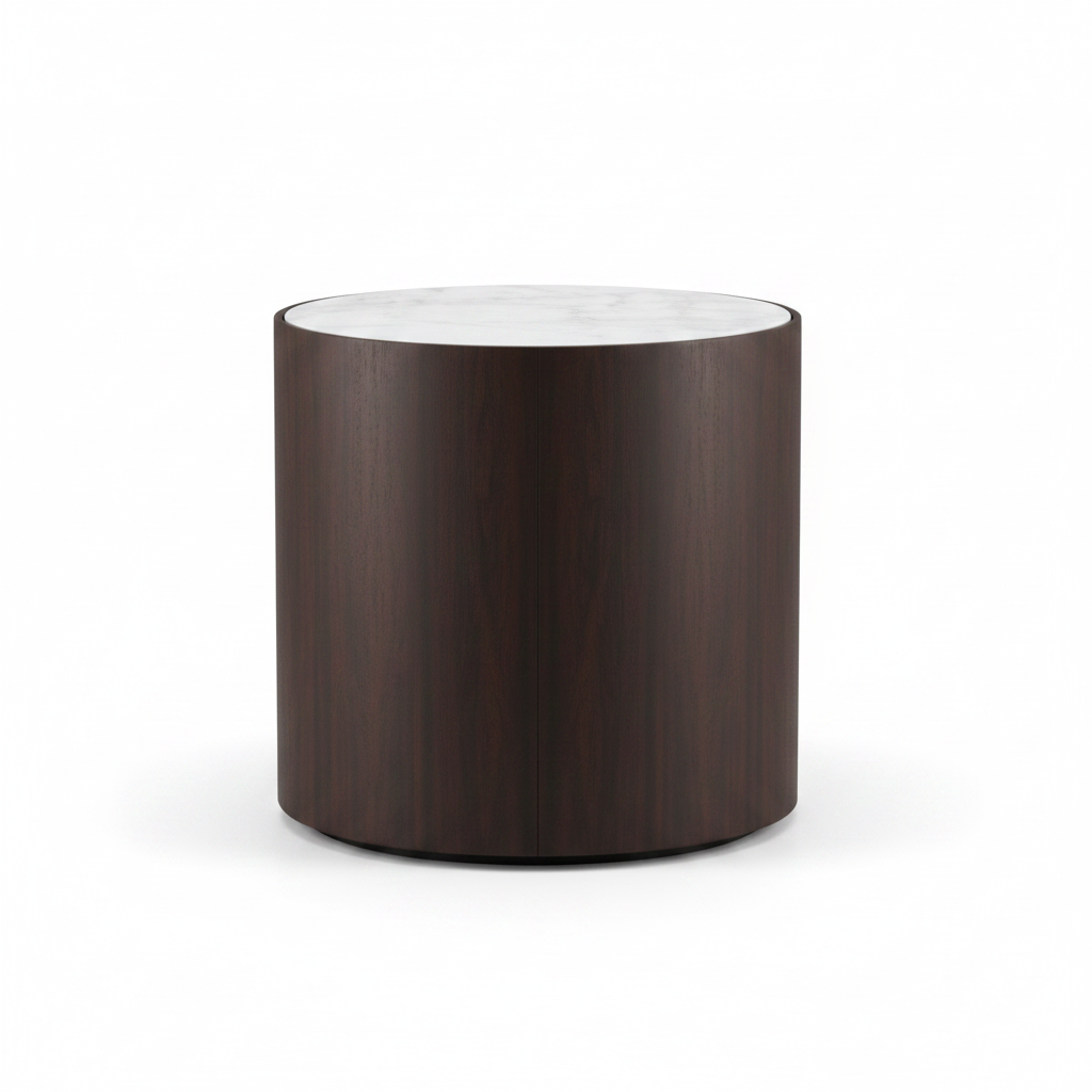 Back view of round cylindrical dark espresso wood bedside table on white background