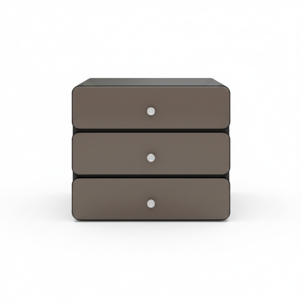 Three stacked drawer dark taupe matte bedside table with round silver knob handles, front view on white background