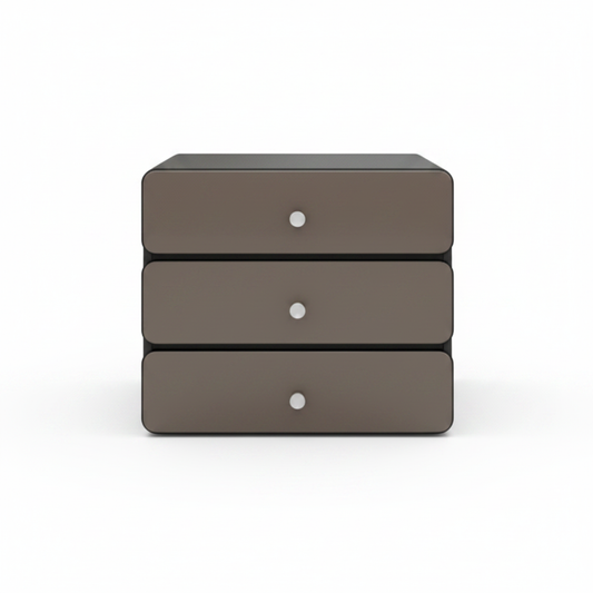 Three stacked drawer dark taupe matte bedside table with round silver knob handles, front view on white background