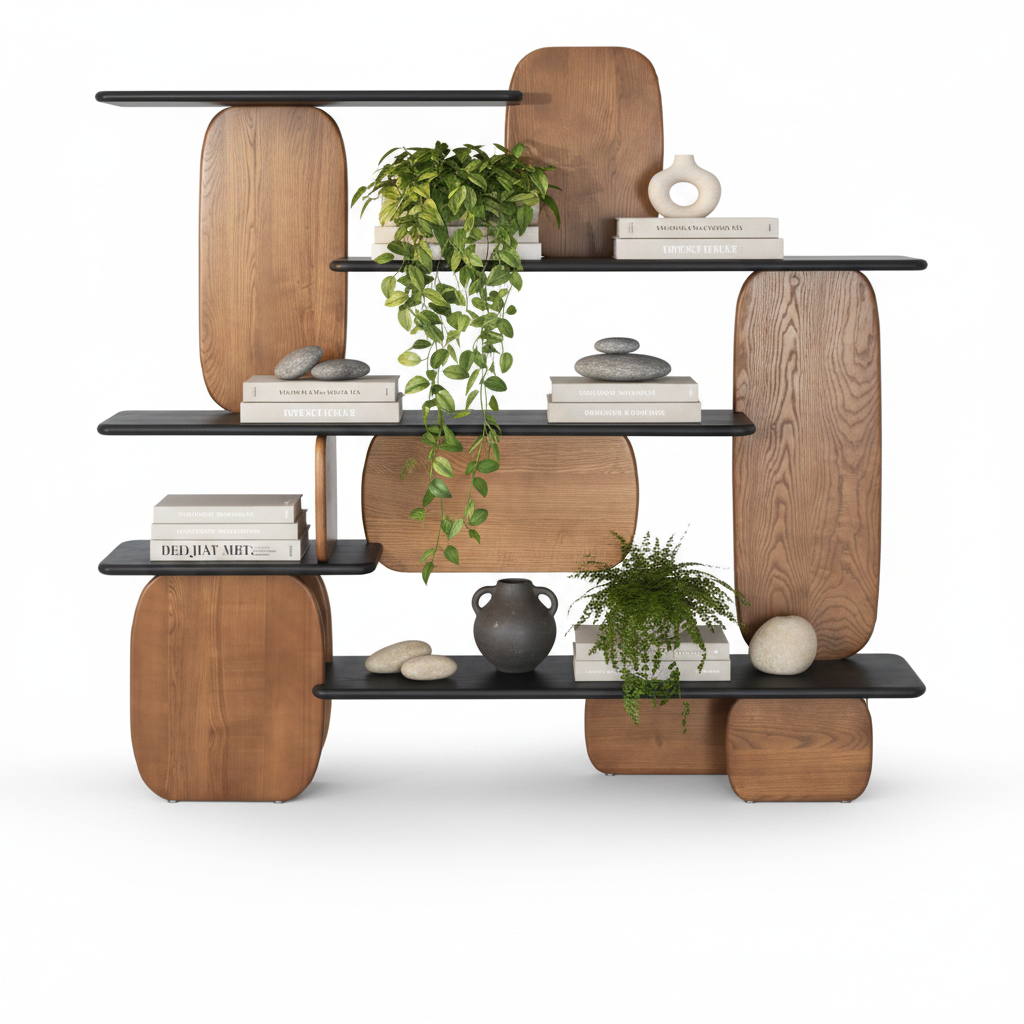 Cairn Shelving Unit styled with books, ceramics, plants and stone objects
