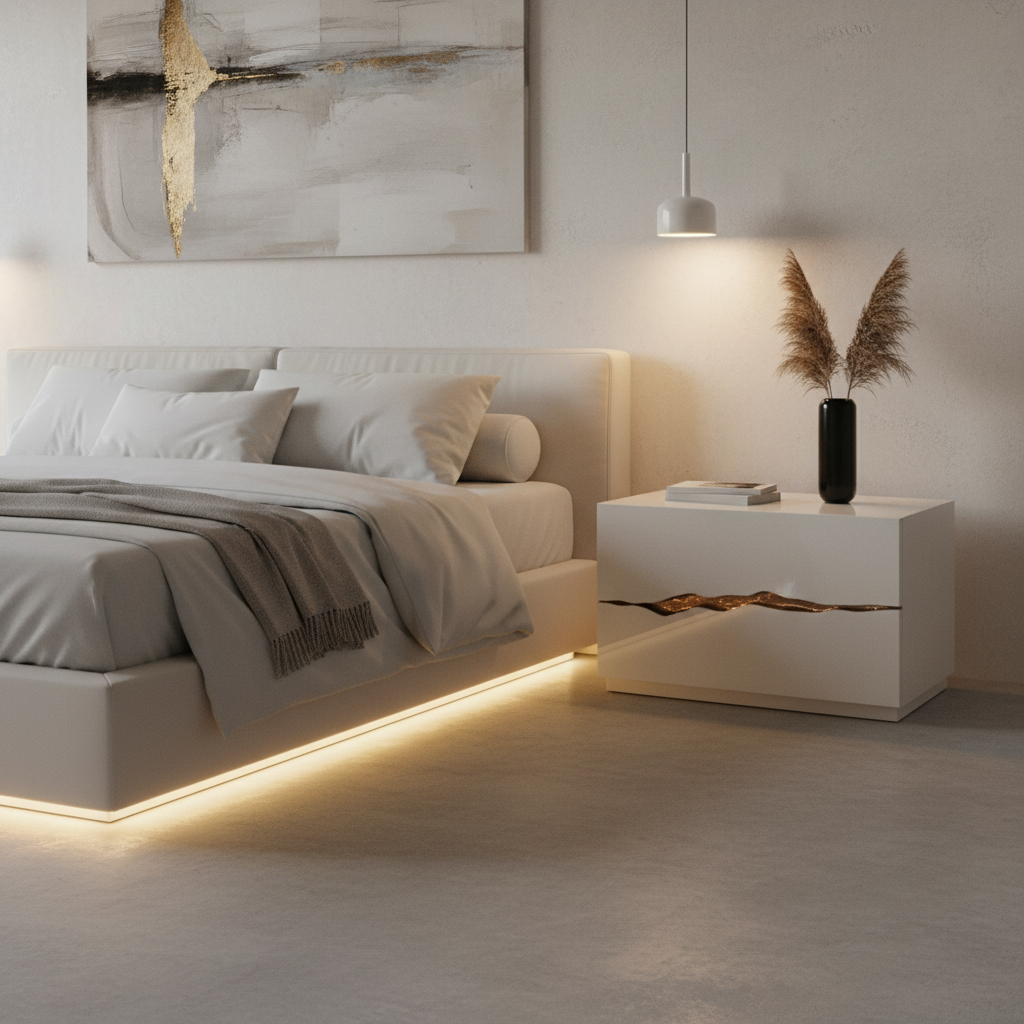 Glossy white lacquer bedside table with bronze crack inlay styled in a luxury modern bedroom
