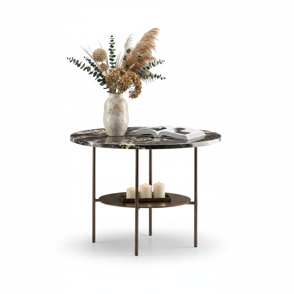 Strato Coffee Table styled with vase, art book on marble top and candle tray on lower shelf