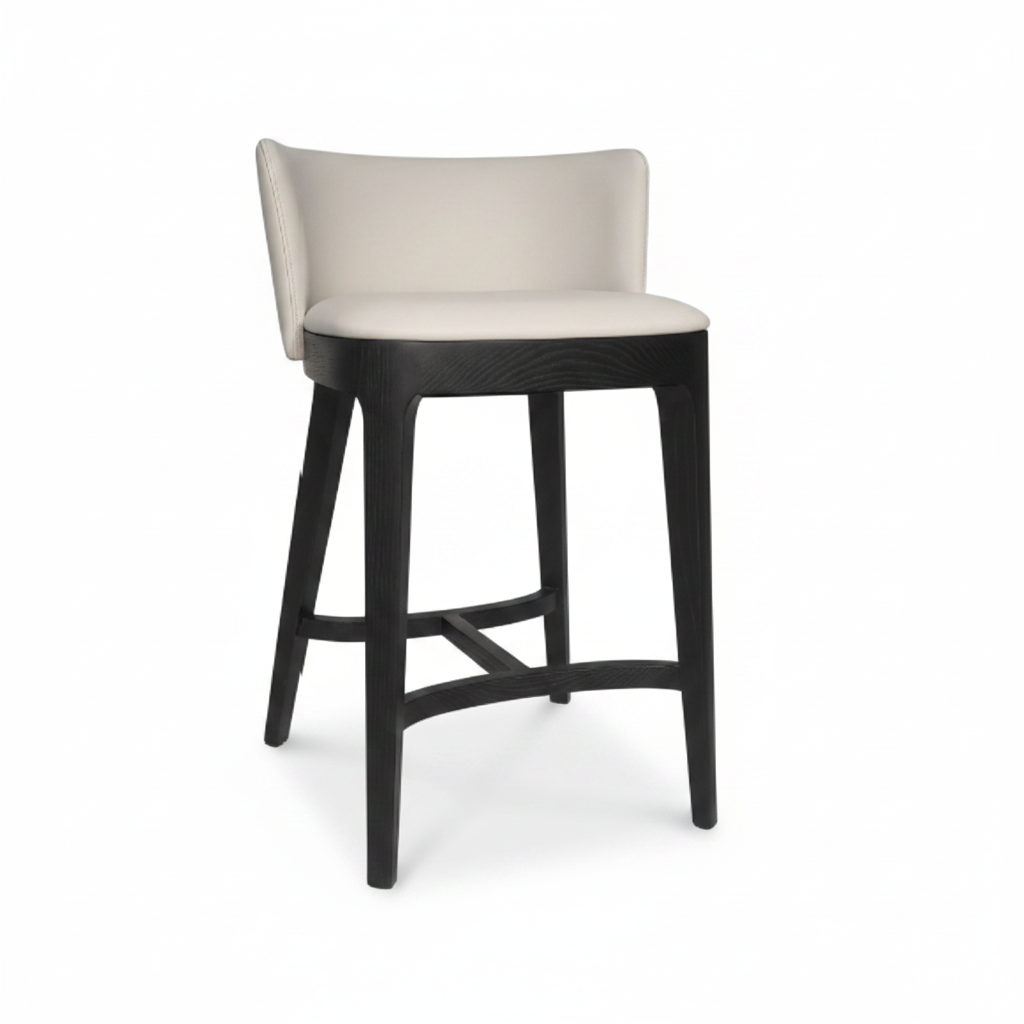 Cream leather low-back bar stool with dark espresso wood frame, front view on white background