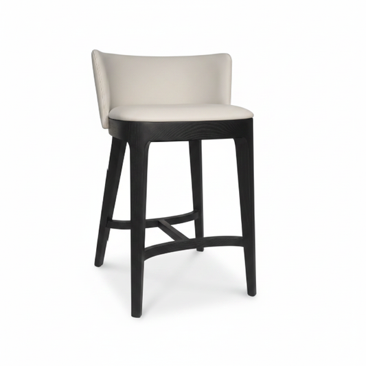 Cream leather low-back bar stool with dark espresso wood frame, front view on white background