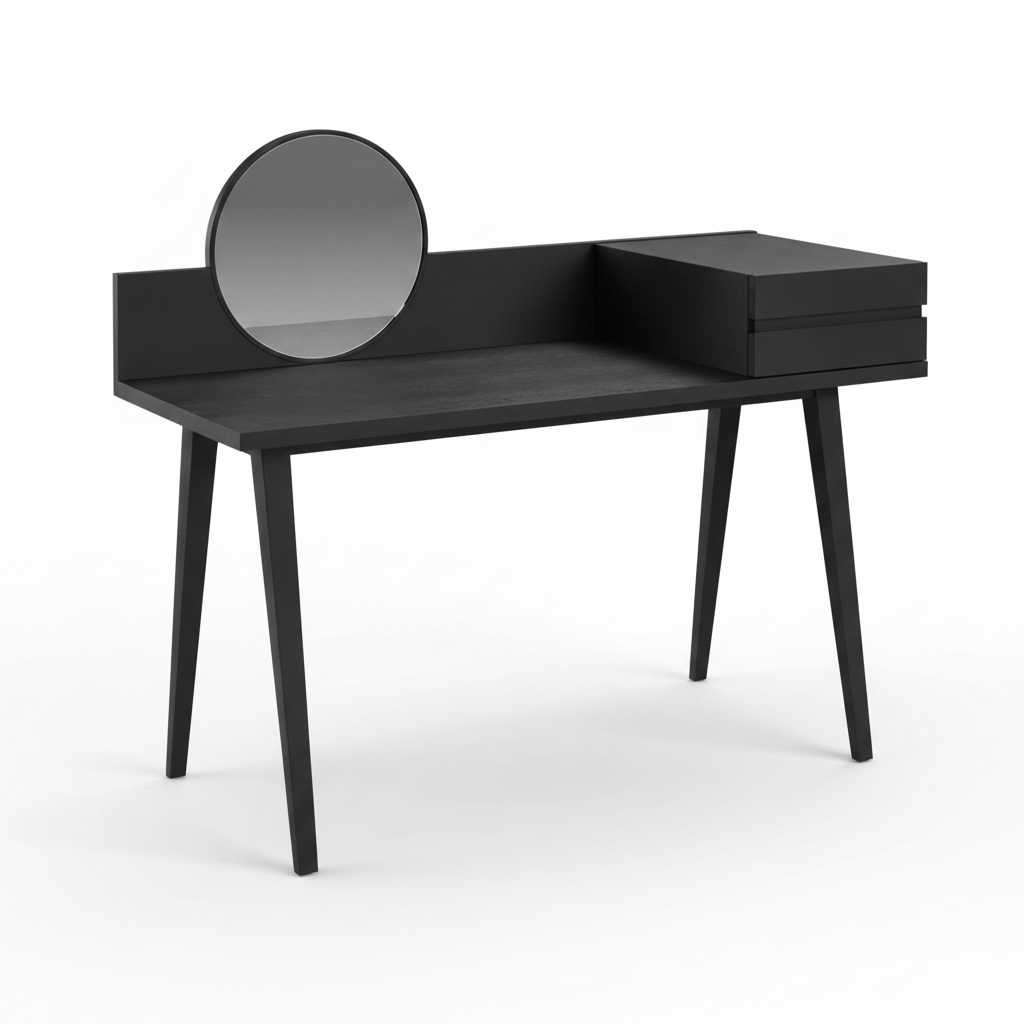 Top view of Noir dressing table with round mirror