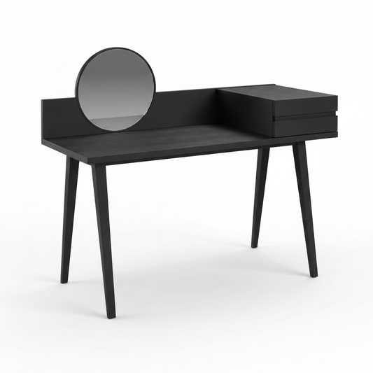 Top view of Noir dressing table with round mirror