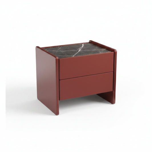 Deep burgundy wine red matte lacquer U-shaped slab bedside table with dark marble top and two flush drawers, front view on white background