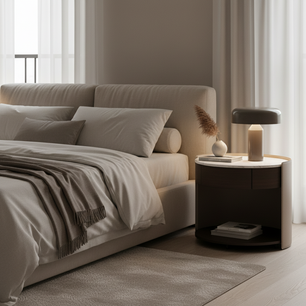 Round marble-top dark espresso wood bedside table styled in a luxury modern bedroom