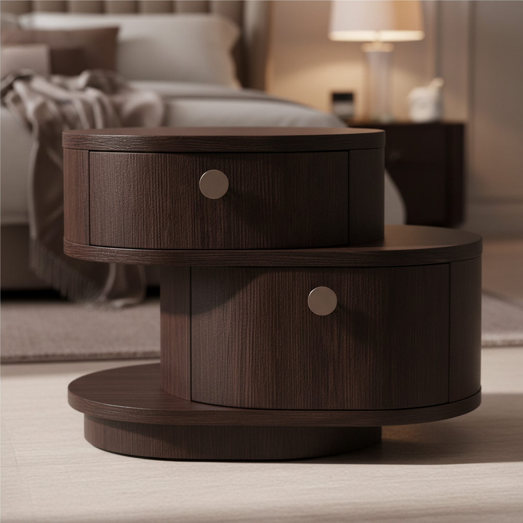 Close-up of dark espresso wood grain and offset circular disc edge on Spirale Bedside Table