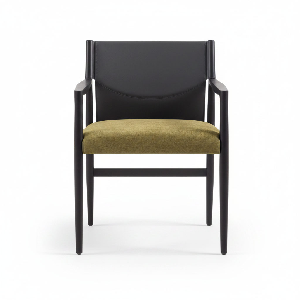 Front-facing studio shot of the Senato Dining Armchair with espresso wood frame, dark leather back, and olive velvet seat