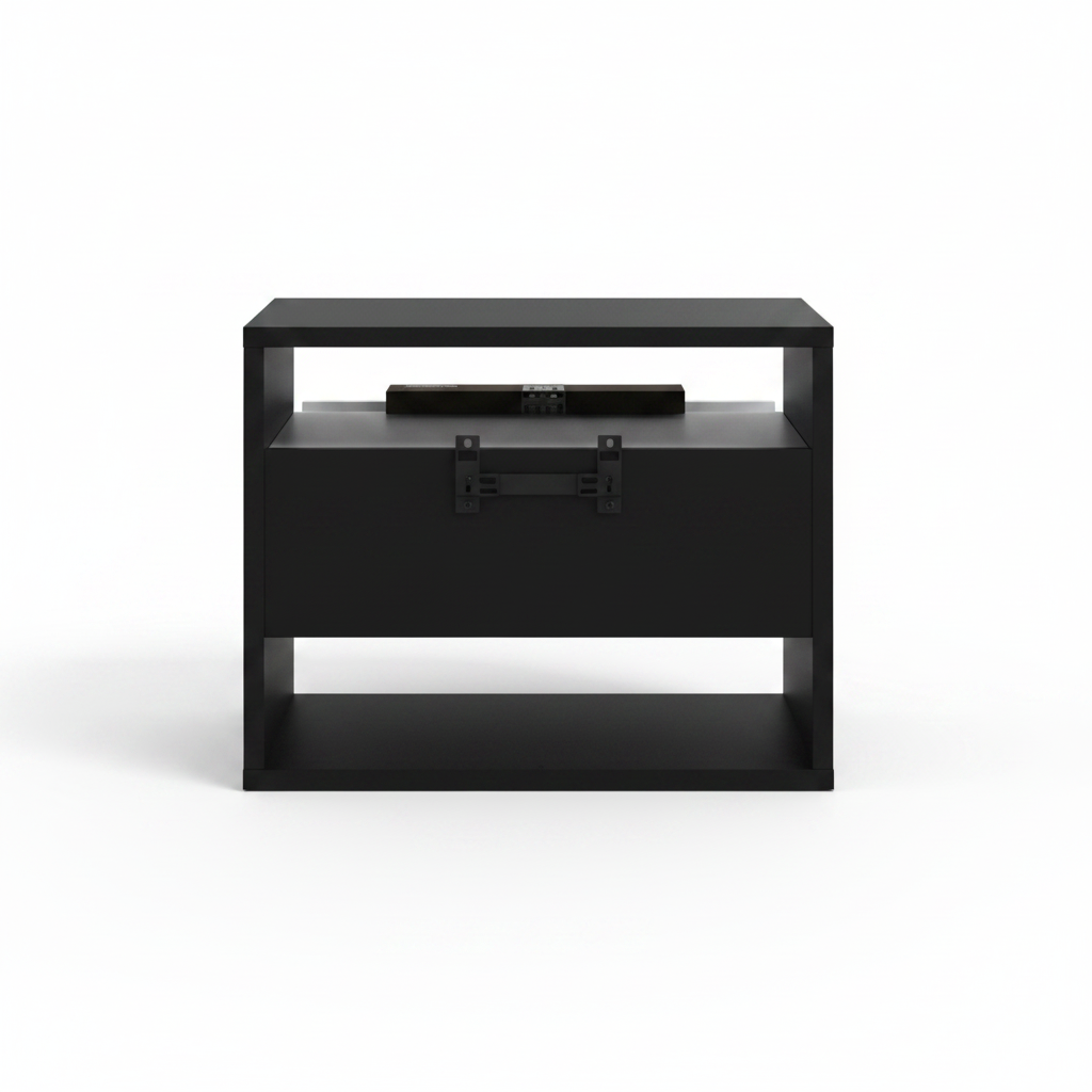Back view of matte black frame bedside table on white background