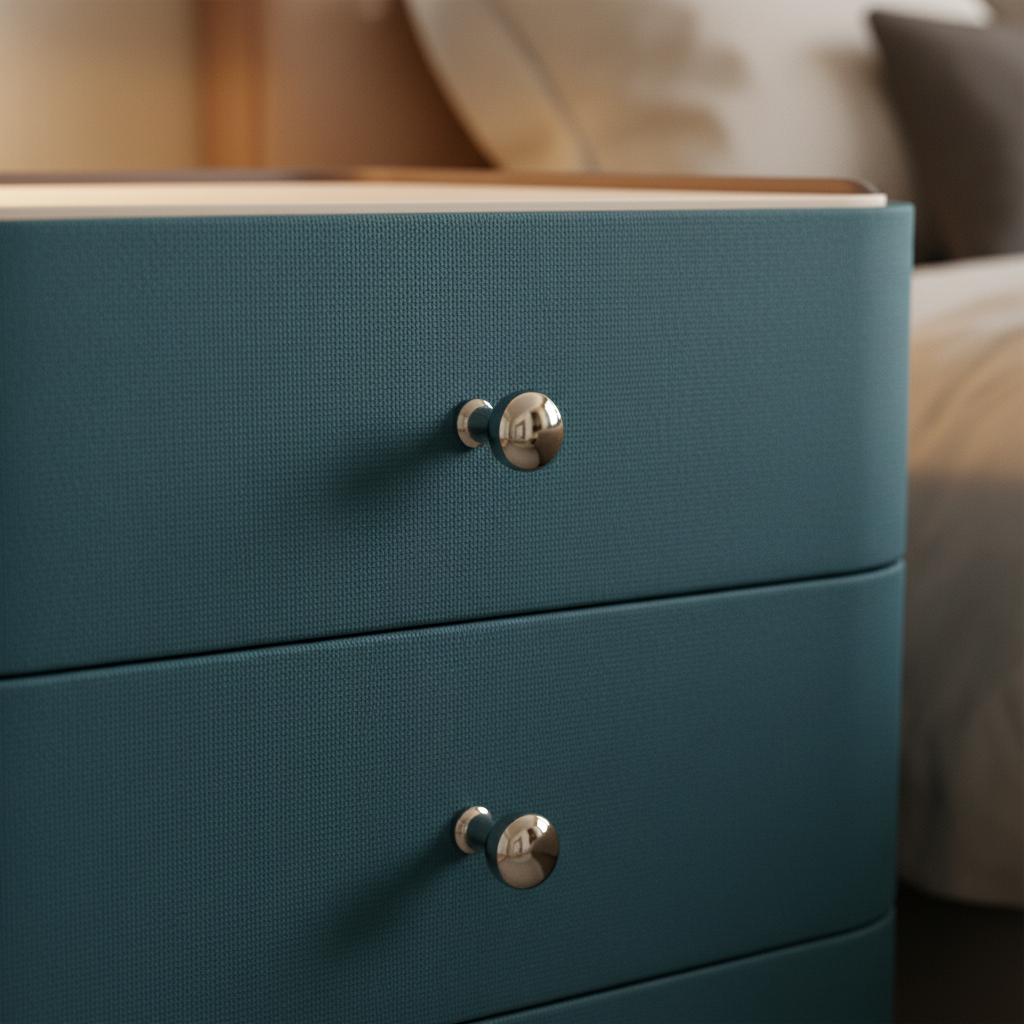 Close-up of deep teal upholstered drawer front with small round silver knob handle on Velluto Bedside Table