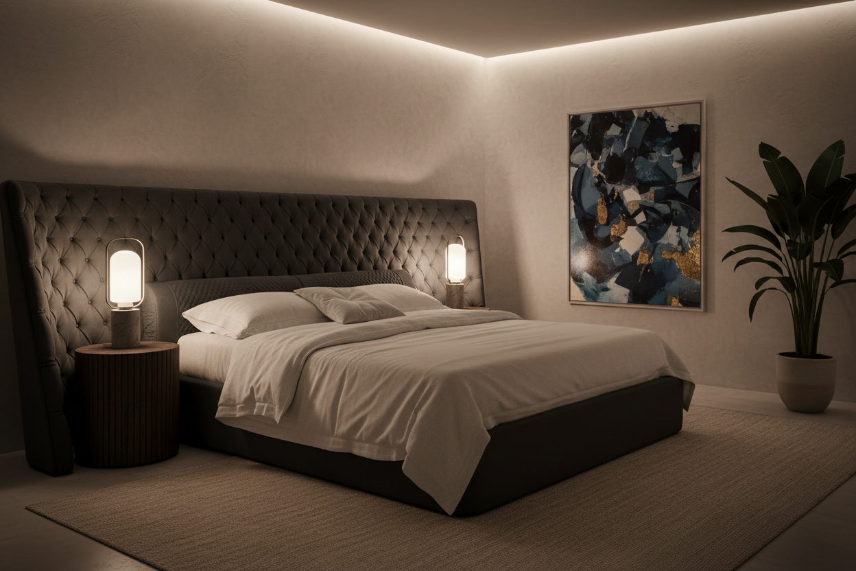 Nocte bed in a moody modern luxury bedroom interior