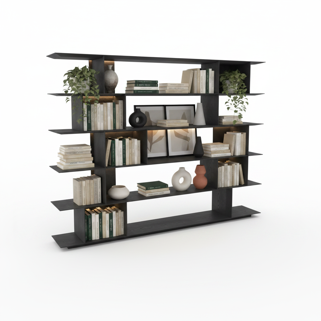 Stratum Shelf styled with books, ceramics, plants and art