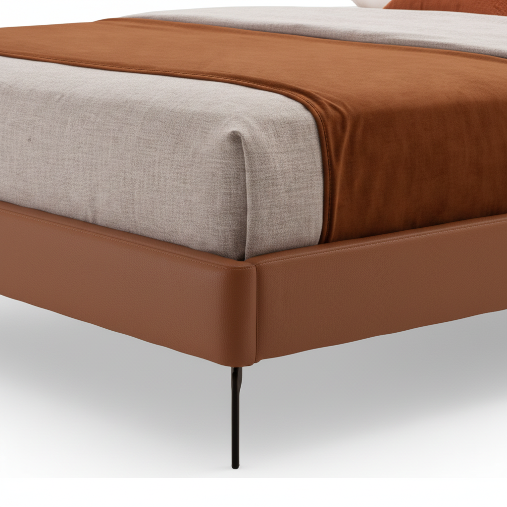 Ala bed — close-up cognac leather and winged headboard detail