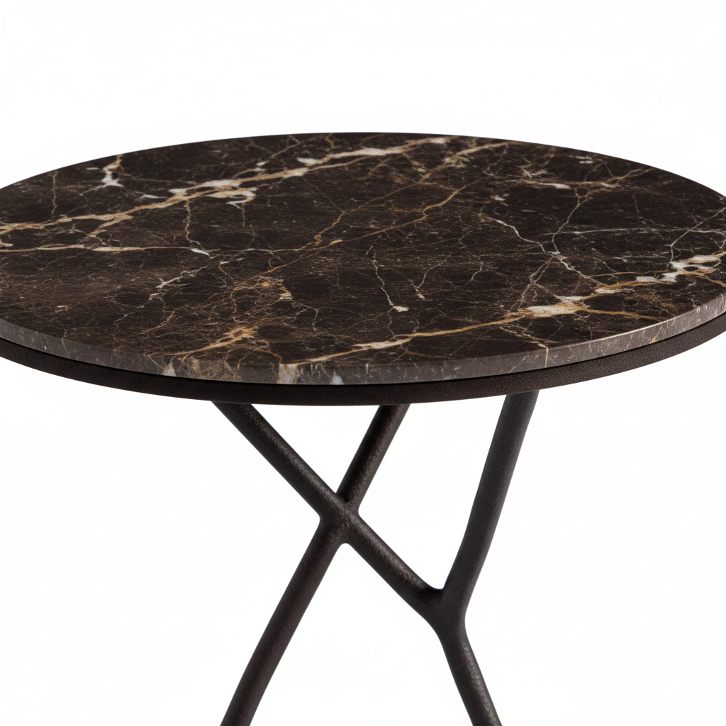 Close-up of Anello Side Table espresso marble top and matte black tripod ring base junction