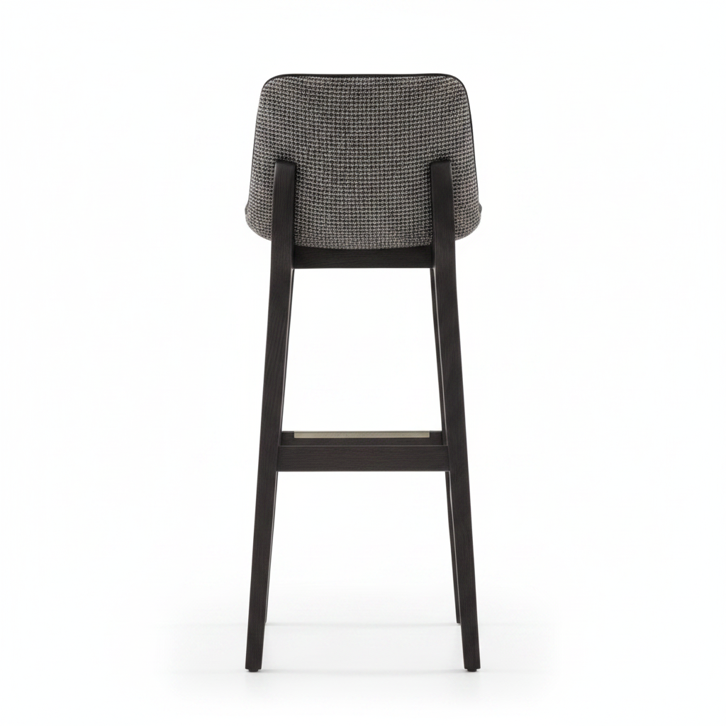 Back view of dark charcoal woven fabric bar stool with dark espresso wood frame