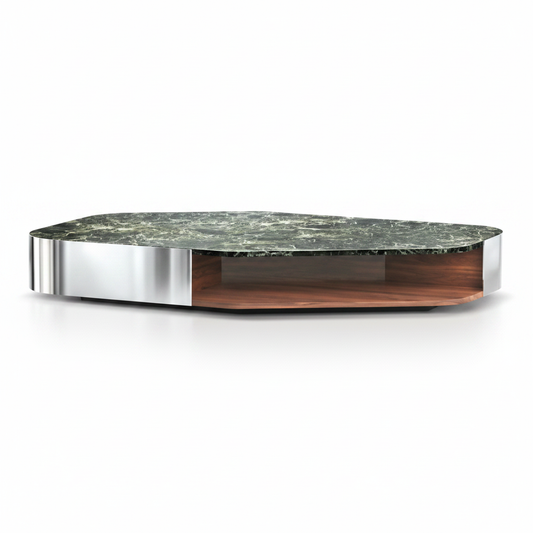 Top-down view of the Vela Oval Coffee Table with dark green stone top and polished steel body