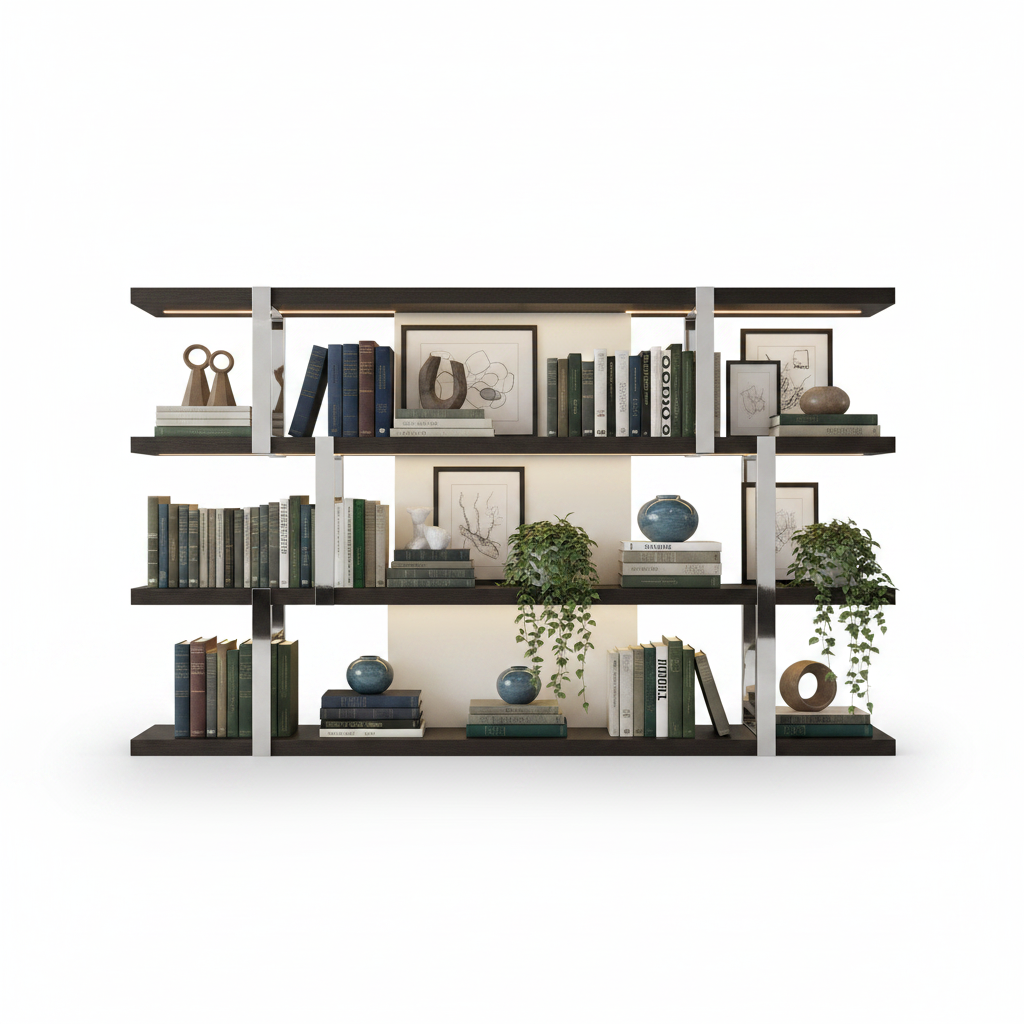 Lumen Étagère styled with books, bronze sculptures and ceramics