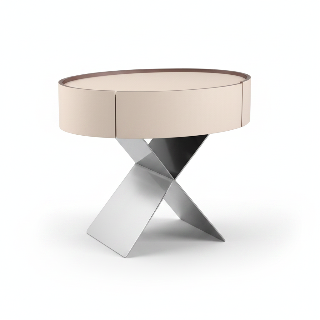 Back view of cream matte round cylindrical bedside table on chrome X-shaped base