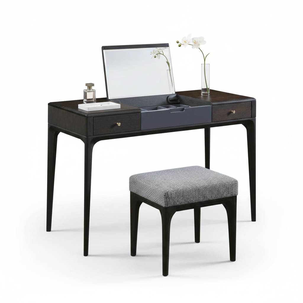 Velara dressing table styled with perfume and orchid accessories