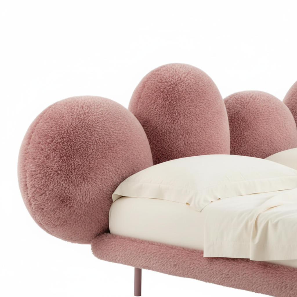 Nuage king bed — close-up dusty rose teddy boucle bubble sphere texture