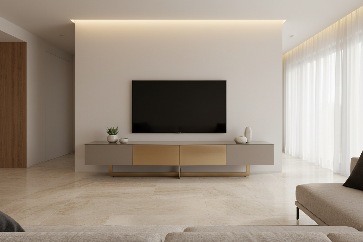 Croisé Media Console in luxury modern living room with wall-mounted TV above