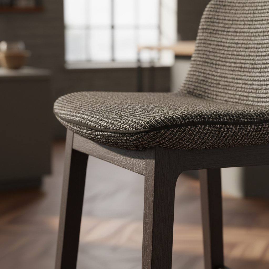 Close-up of dark charcoal textured woven fabric and dark espresso wood frame detail on Tela Bar Stool