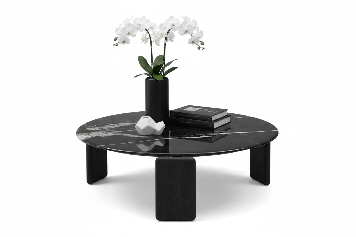 Triova Round Black Marble Coffee Table styled with accessories