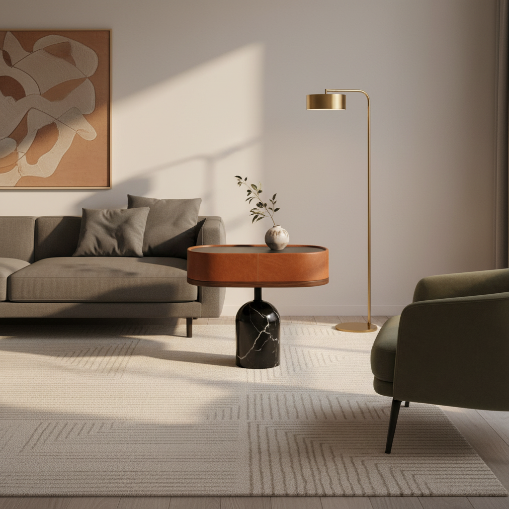 Cognac leather oval side table on black marble pedestal styled in a luxury modern interior