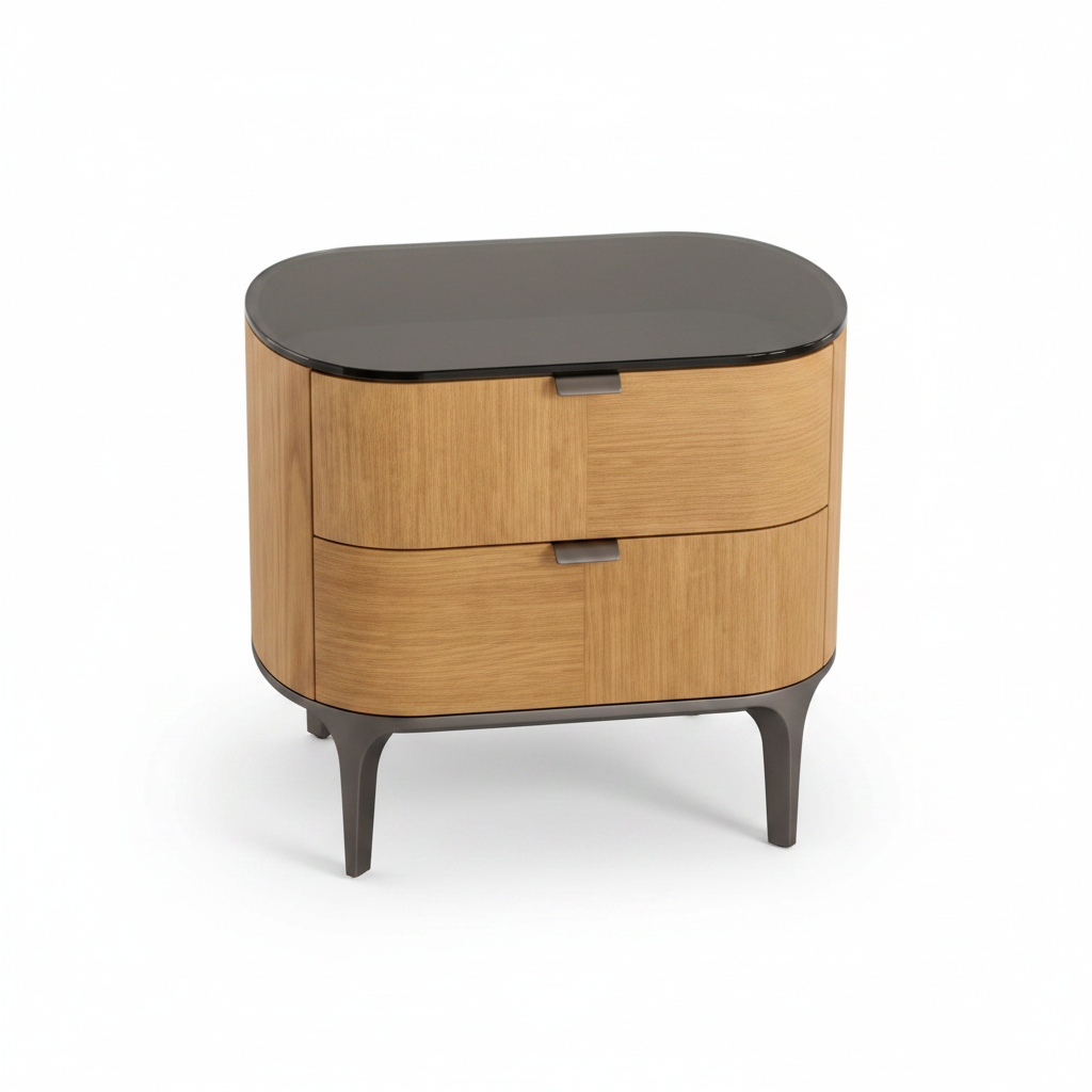 Top view of warm oak veneer rounded bedside table showing smoked charcoal glass top
