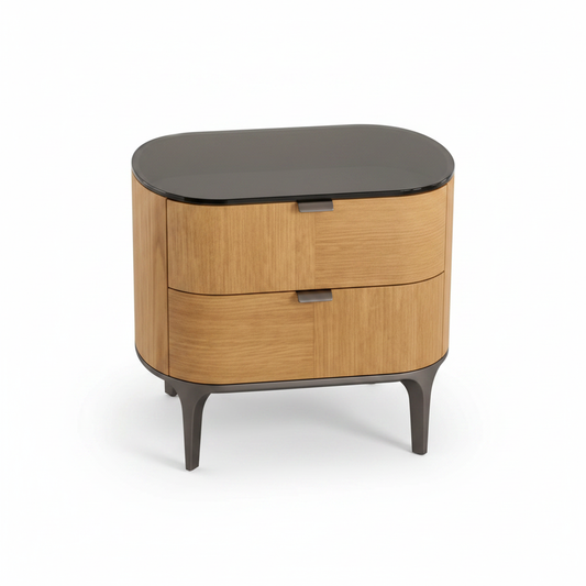 Top view of warm oak veneer rounded bedside table showing smoked charcoal glass top