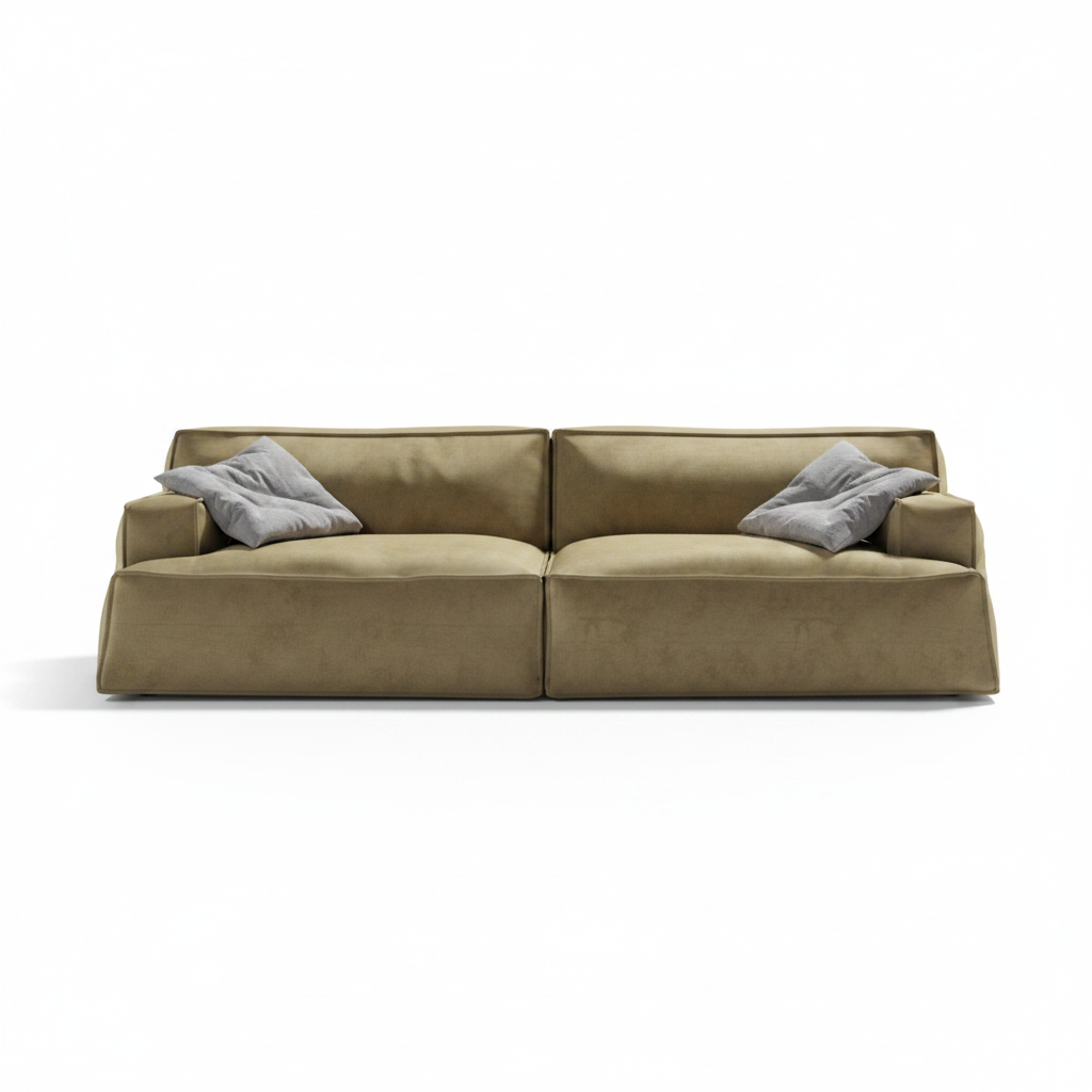 Solano wide velvet sofa in olive, side view