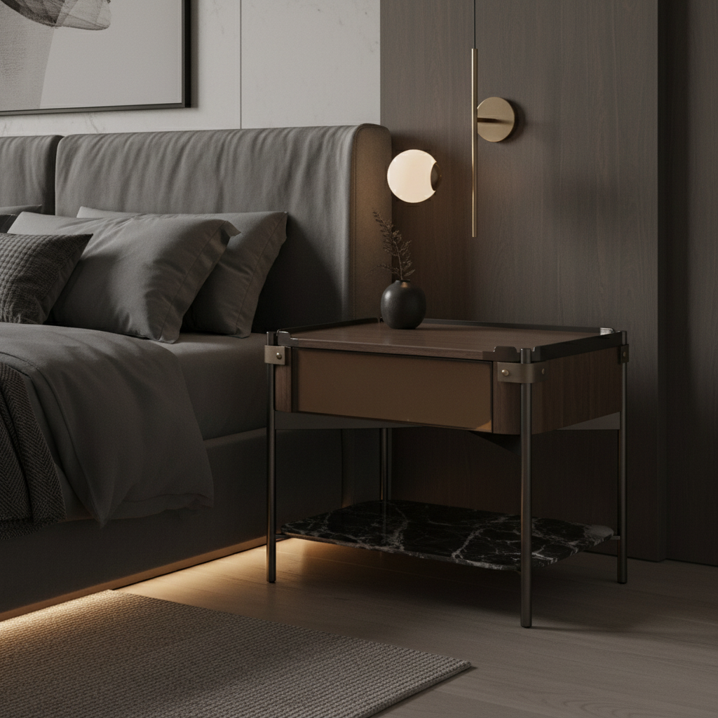 Gunmetal frame smoked glass drawer marble shelf bedside table styled in a luxury modern bedroom