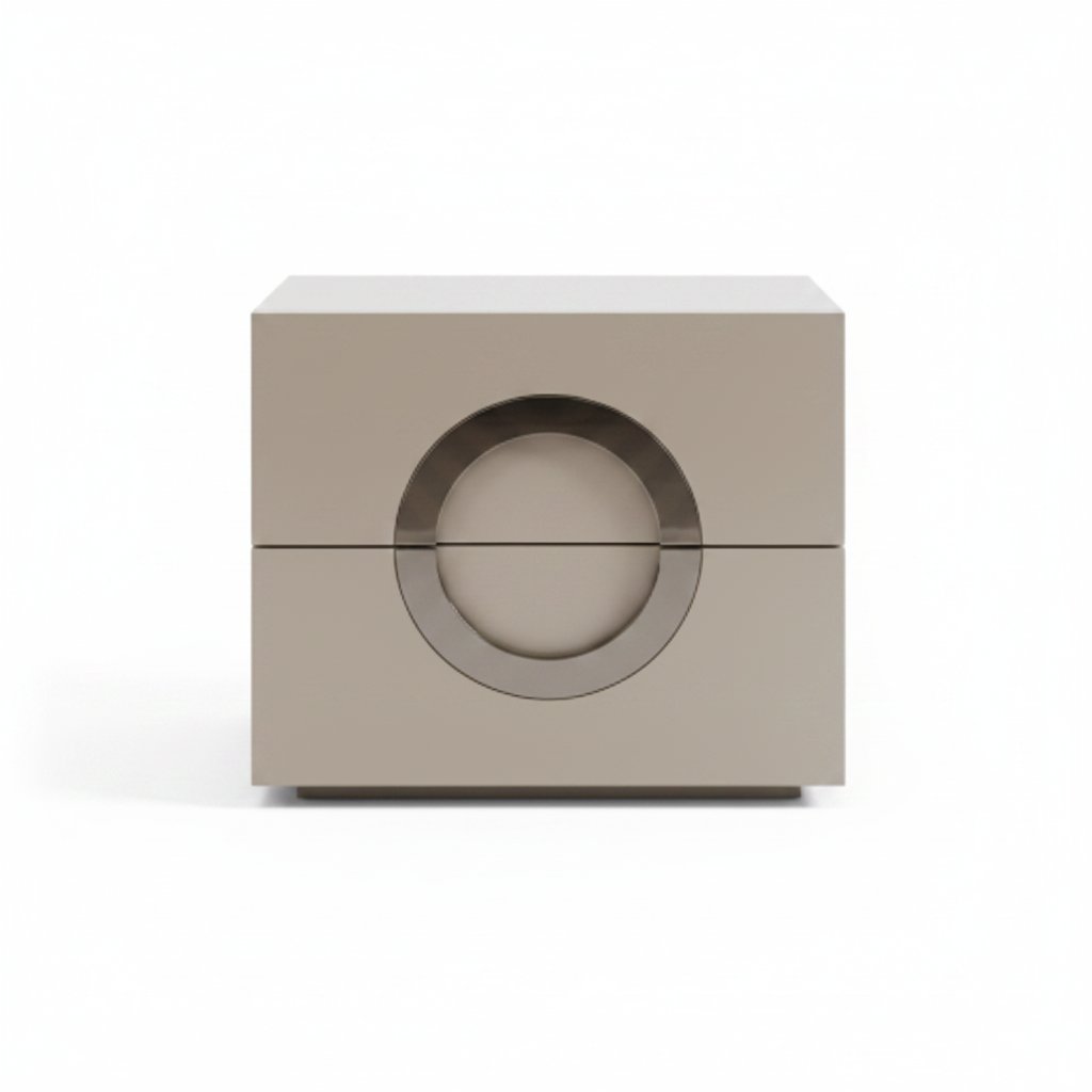 Warm taupe matte two-drawer bedside table with large circular cutout handle on top drawer, front view on white background