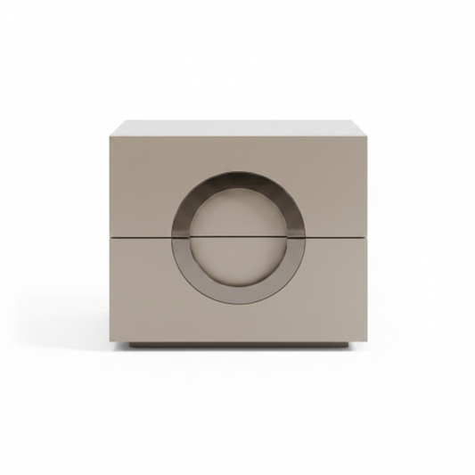 Warm taupe matte two-drawer bedside table with large circular cutout handle on top drawer, front view on white background