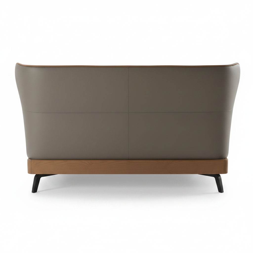 Aldora winged upholstered bed in taupe with walnut base, back view