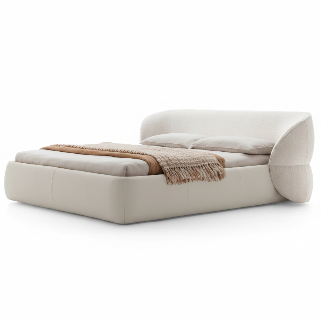 Forma bed styled with ivory and sand linen bedding and fringed caramel throw