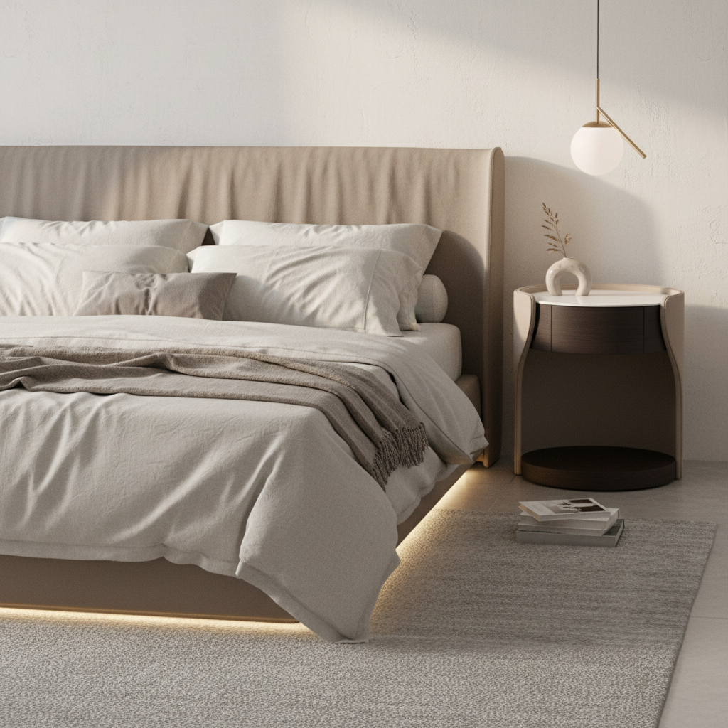 Two-tone cream and dark espresso cylindrical bedside table styled in a luxury modern bedroom