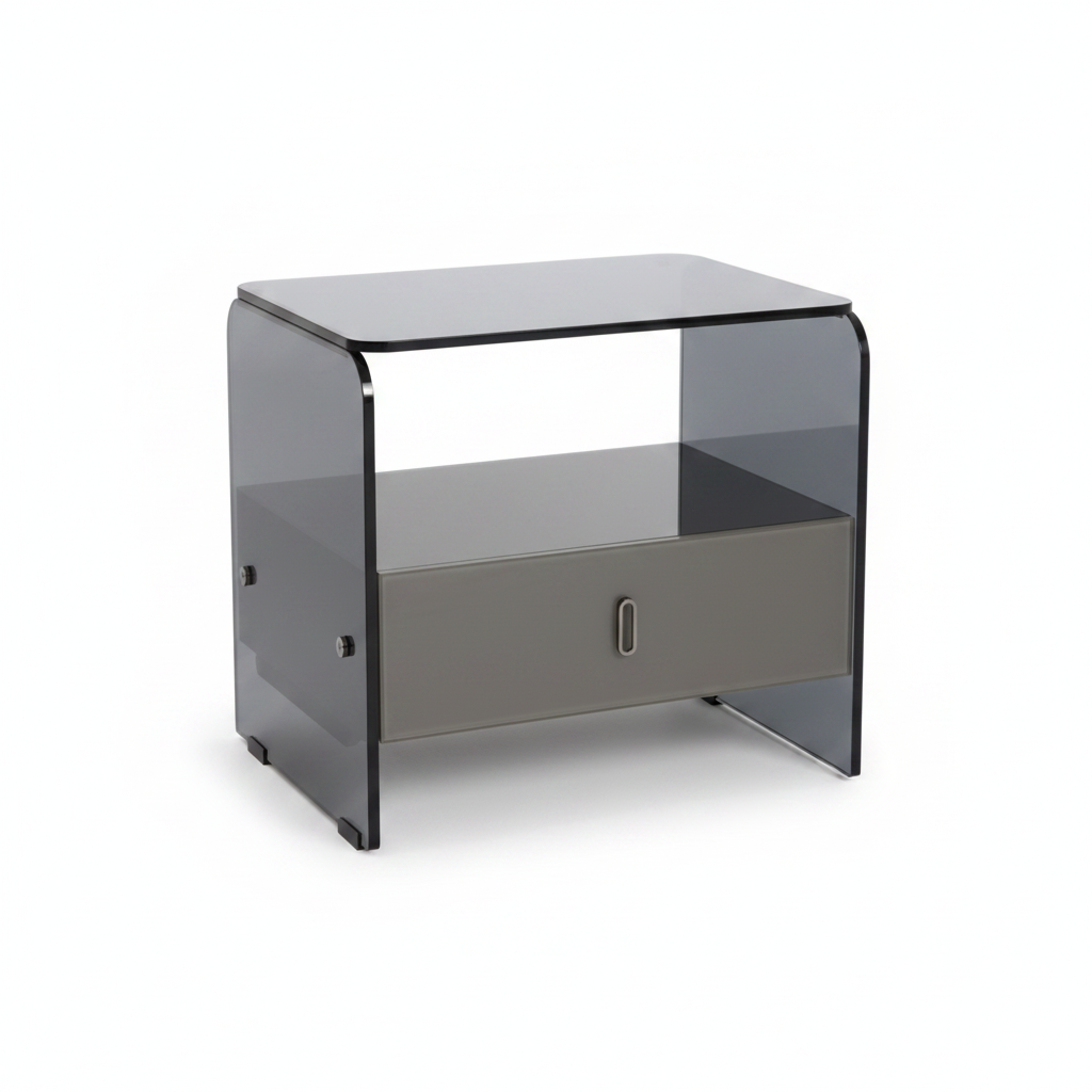 Top view of smoked grey glass U-shaped bedside table showing open top and central shelf