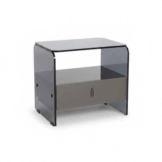 Top view of smoked grey glass U-shaped bedside table showing open top and central shelf