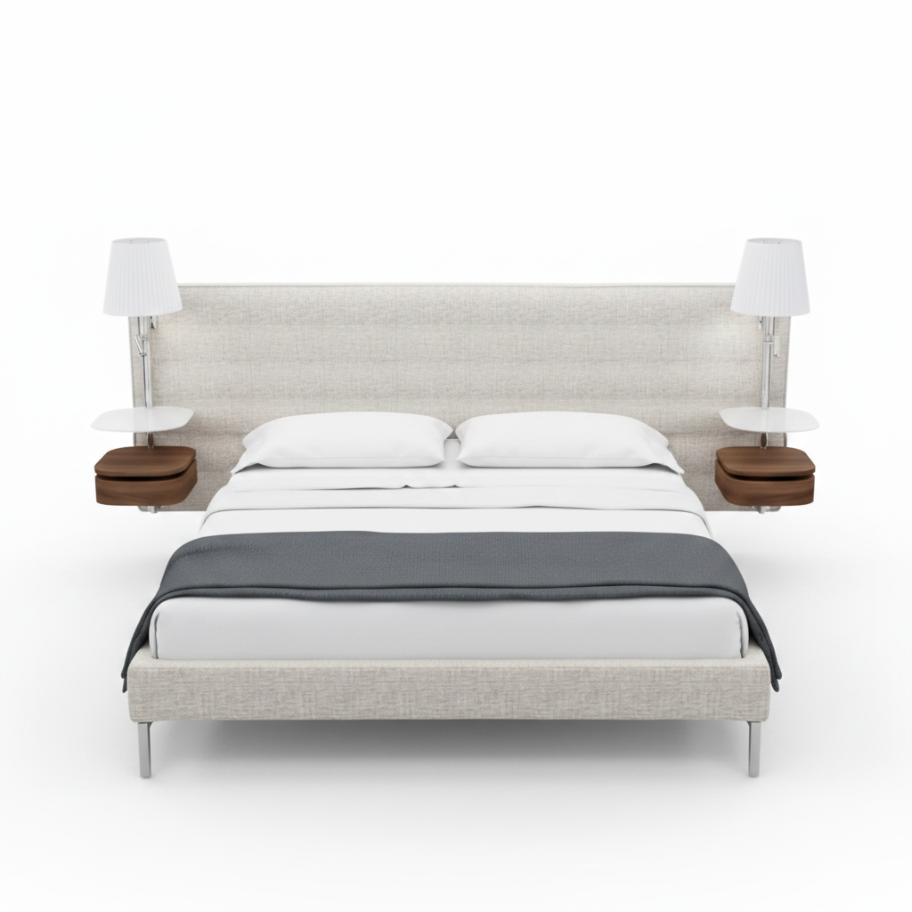 Arco channel-stitched upholstered bed in cream with integrated walnut shelves, top view
