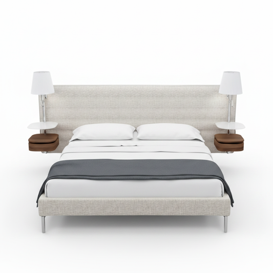 Arco channel-stitched upholstered bed in cream with integrated walnut shelves, top view