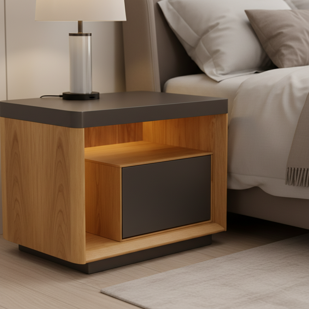 Close-up of warm oak wood grain open shelf with dark charcoal interior and flush charcoal drawer on Nicchia Bedside Table
