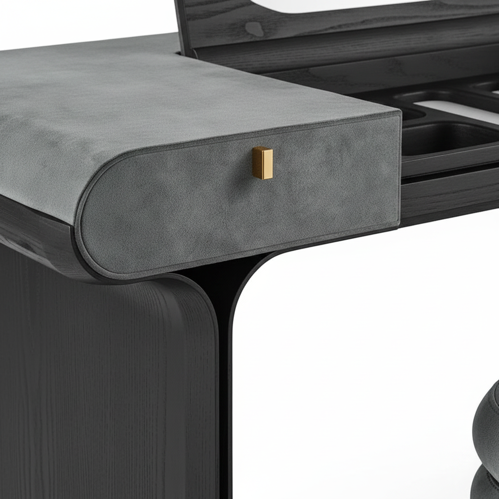 Close-up of black ash wood grain, grey velvet drawer and gold hardware