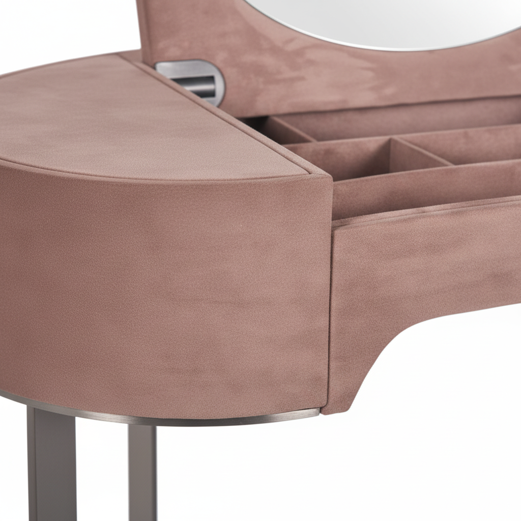 Close-up of dusty rose suede surface, oval mirror edge and dark gunmetal arc leg detail
