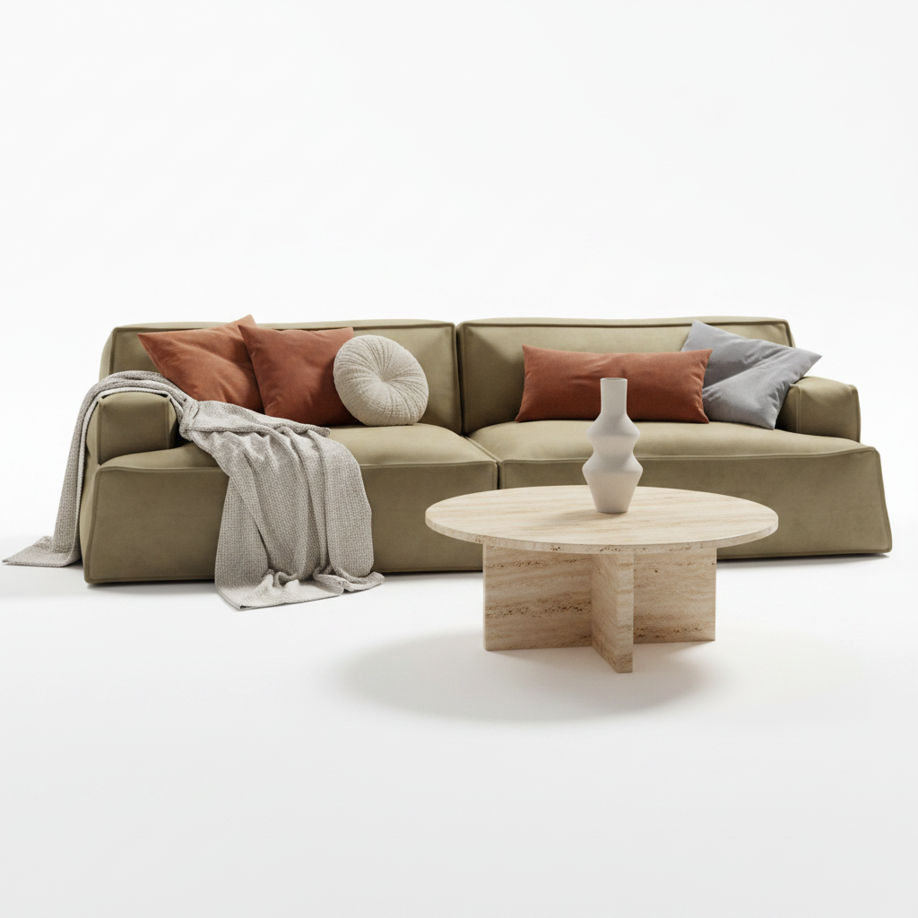Solano sofa styled with travertine coffee table and earthy accessories