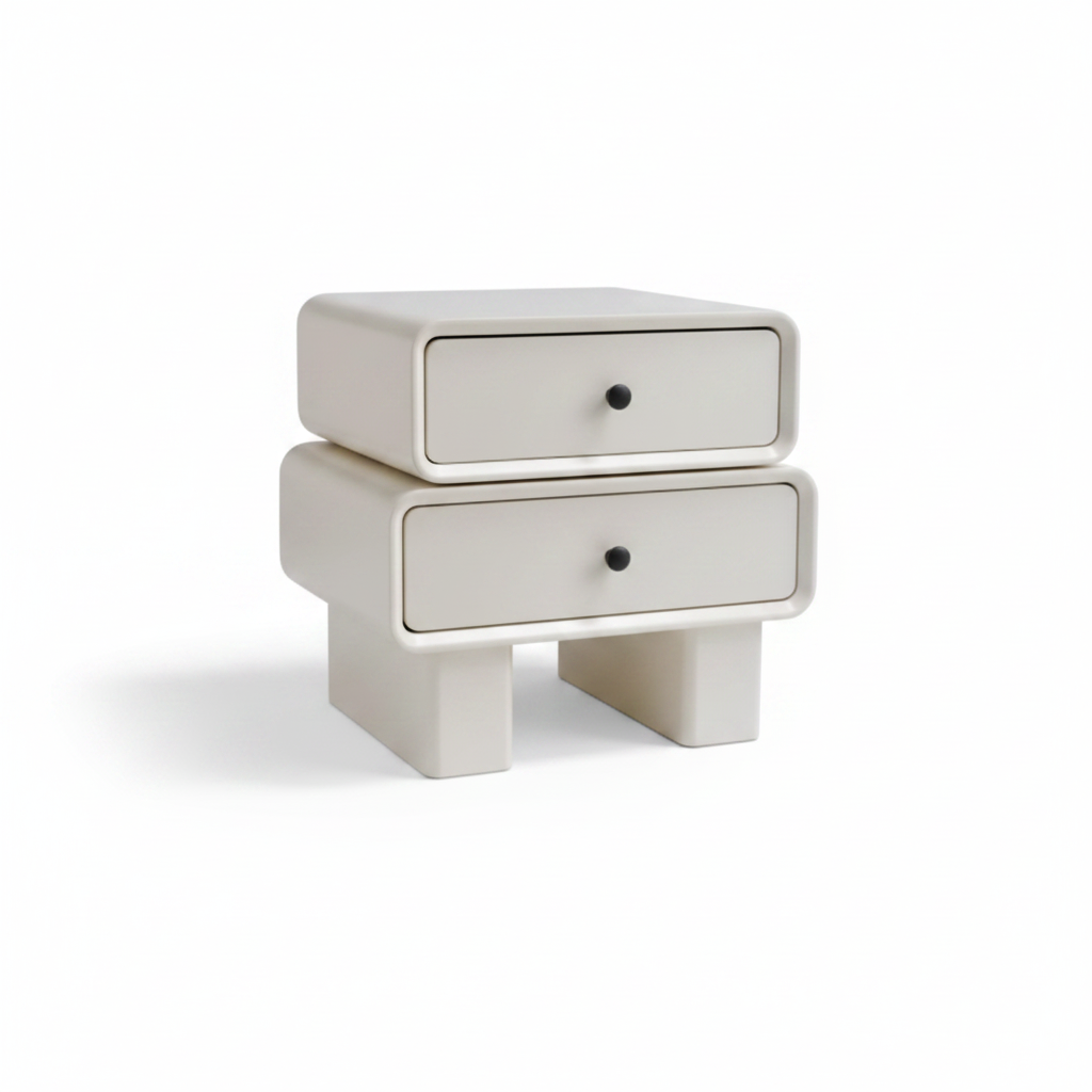 Side view of warm cream matte bedside table showing chunky architectural legs