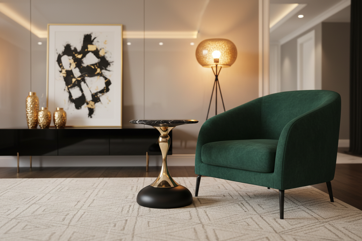 Auris Side Table in a modern luxury living room beside a velvet armchair
