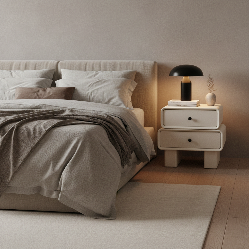 Warm cream matte bedside table with black knobs on chunky legs styled in a luxury modern bedroom